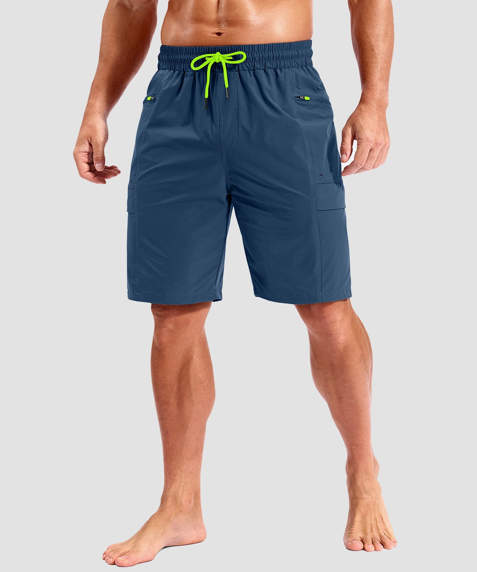 quick dry 9" pocketed board shorts in dark blue - on model front view