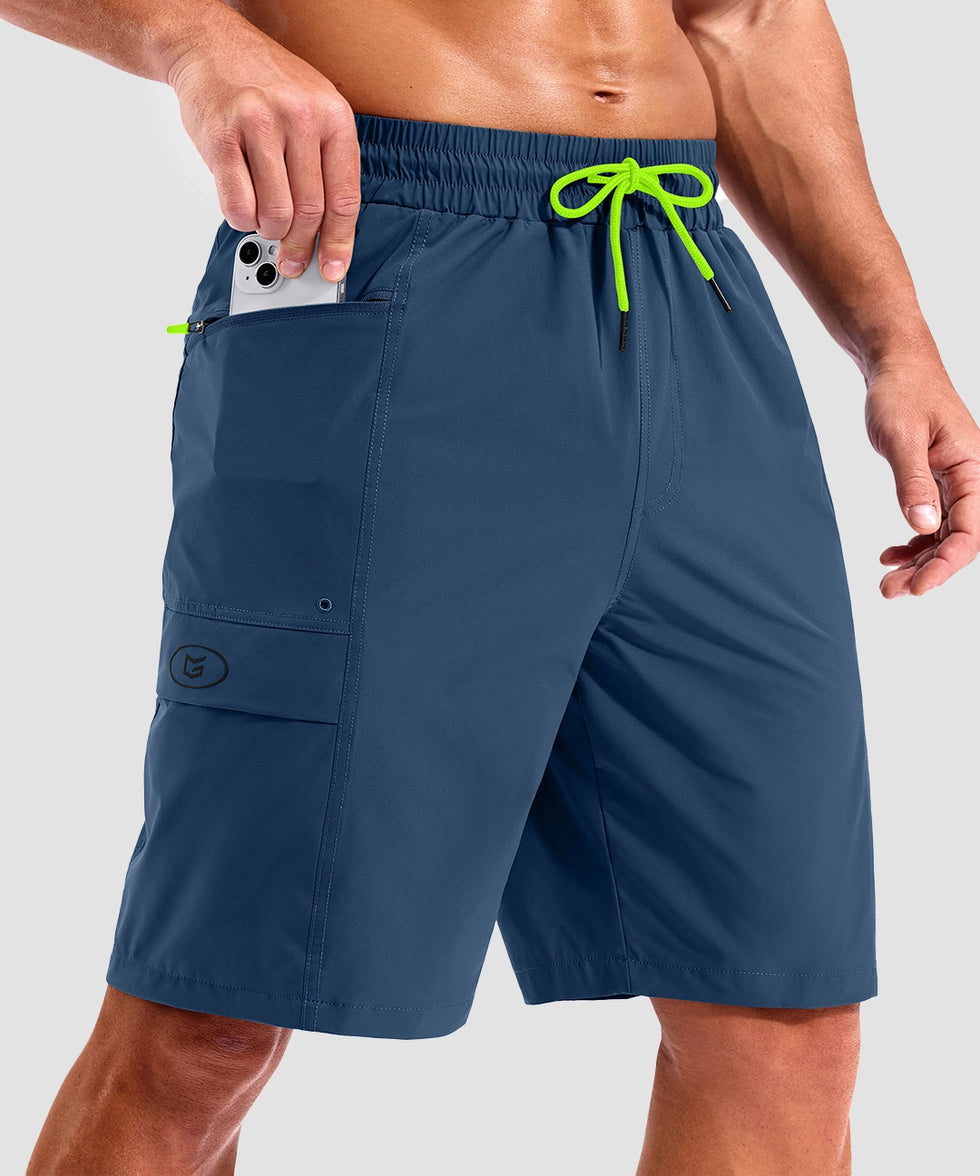 quick dry 9" pocketed board shorts in dark blue - pocket detail view