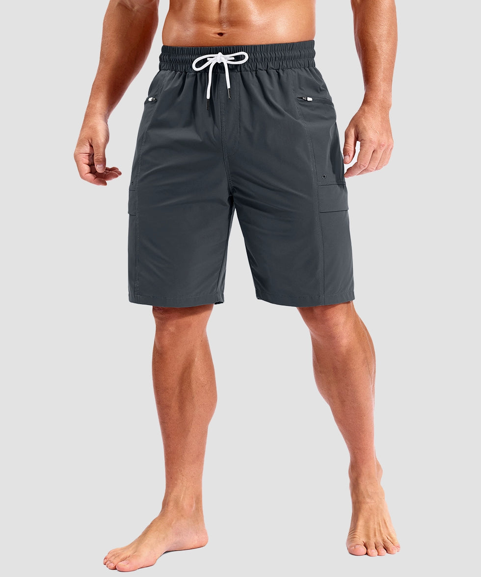 quick dry 9" pocketed board shorts in dark gray - on model front view