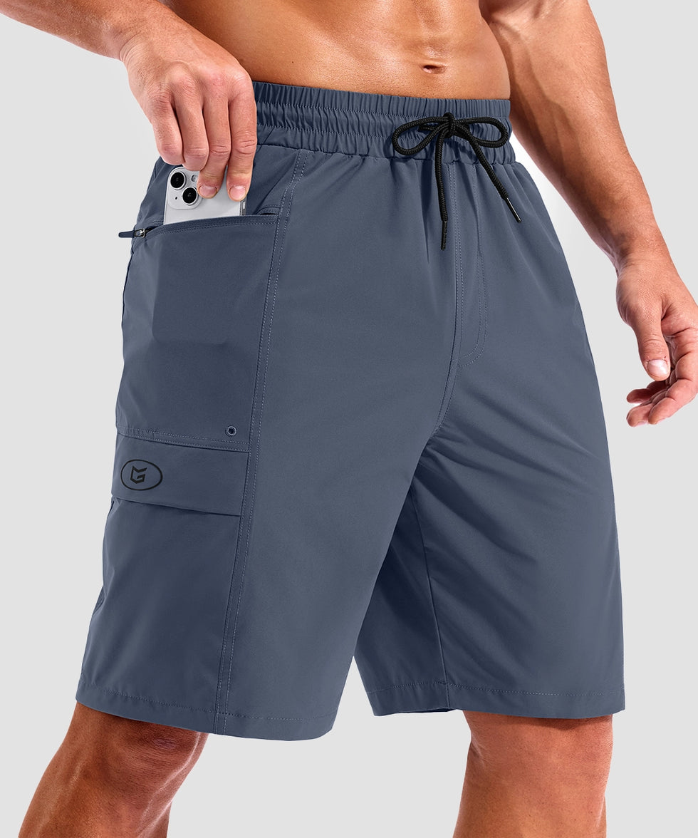 quick dry 9" pocketed board shorts in dusty blue - pocket detail view