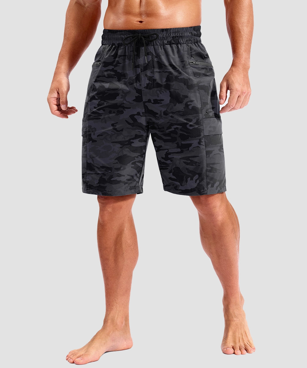 quick dry 9" pocketed board shorts in gray camo - on model front view