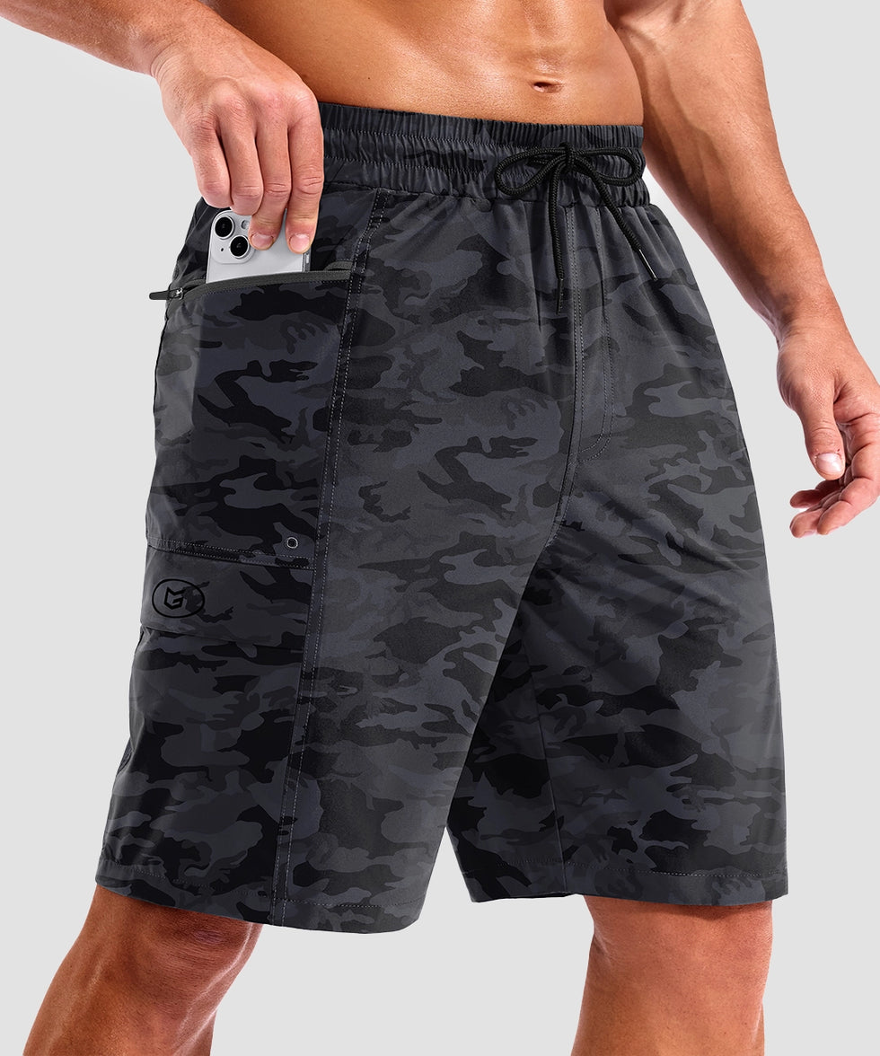 quick dry 9" pocketed board shorts in gray camo - pocket detail view