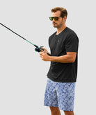 quick dry 9" pocketed board shorts in striped graffiti - on model view