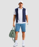 reflective side slit polo in white - on model view