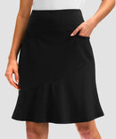 ruffle modest golf skort in black - pocket details view