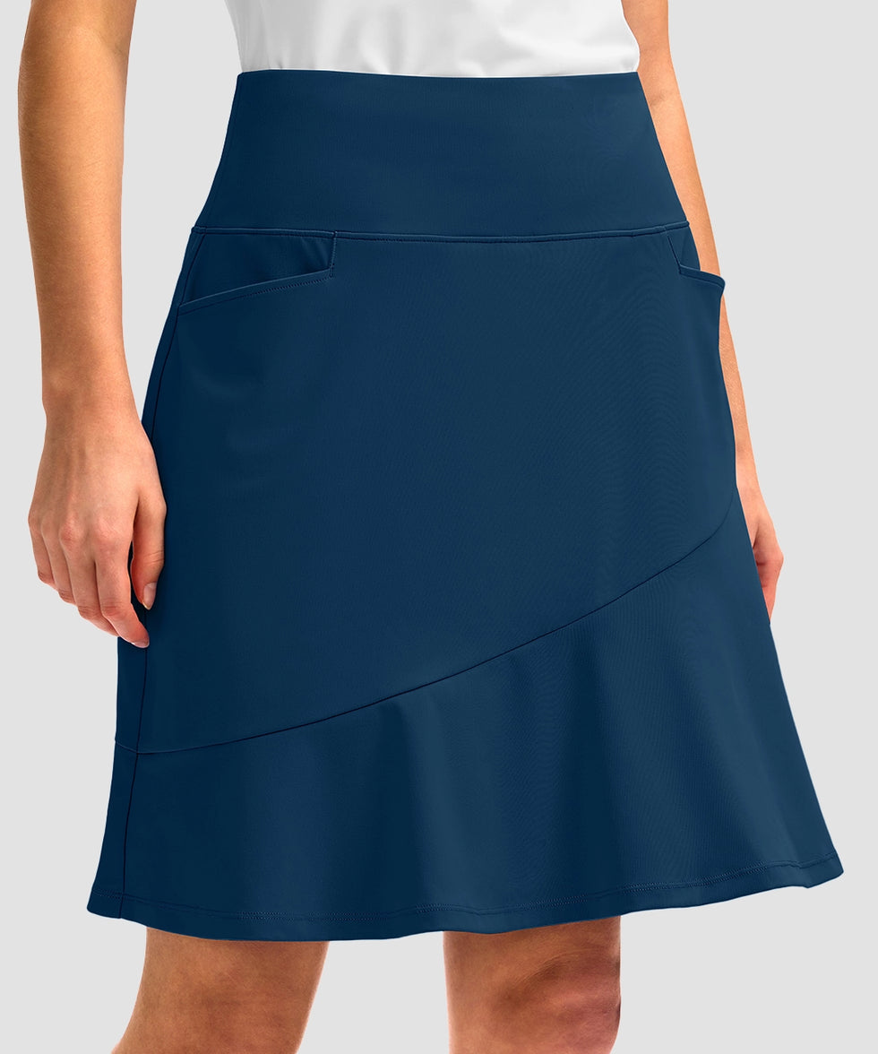 ruffle modest golf skort in dark blue - pocket details view