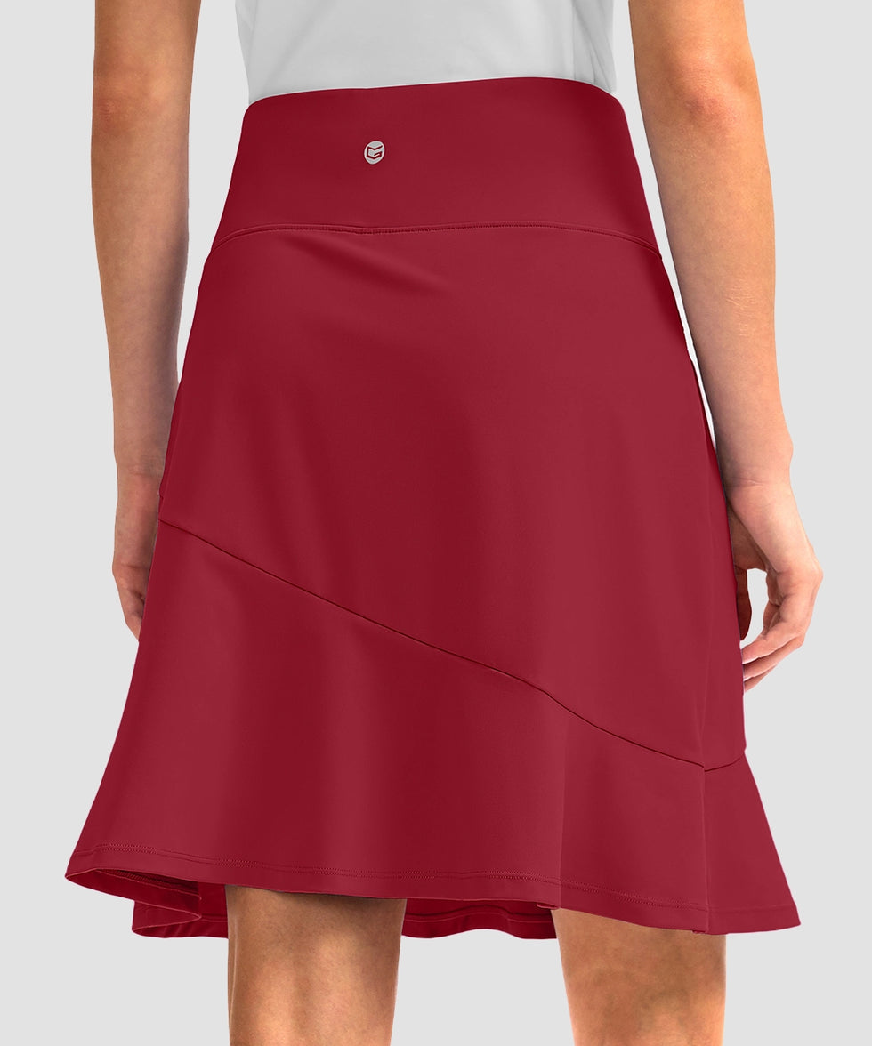 ruffle modest golf skort in dark red - back view