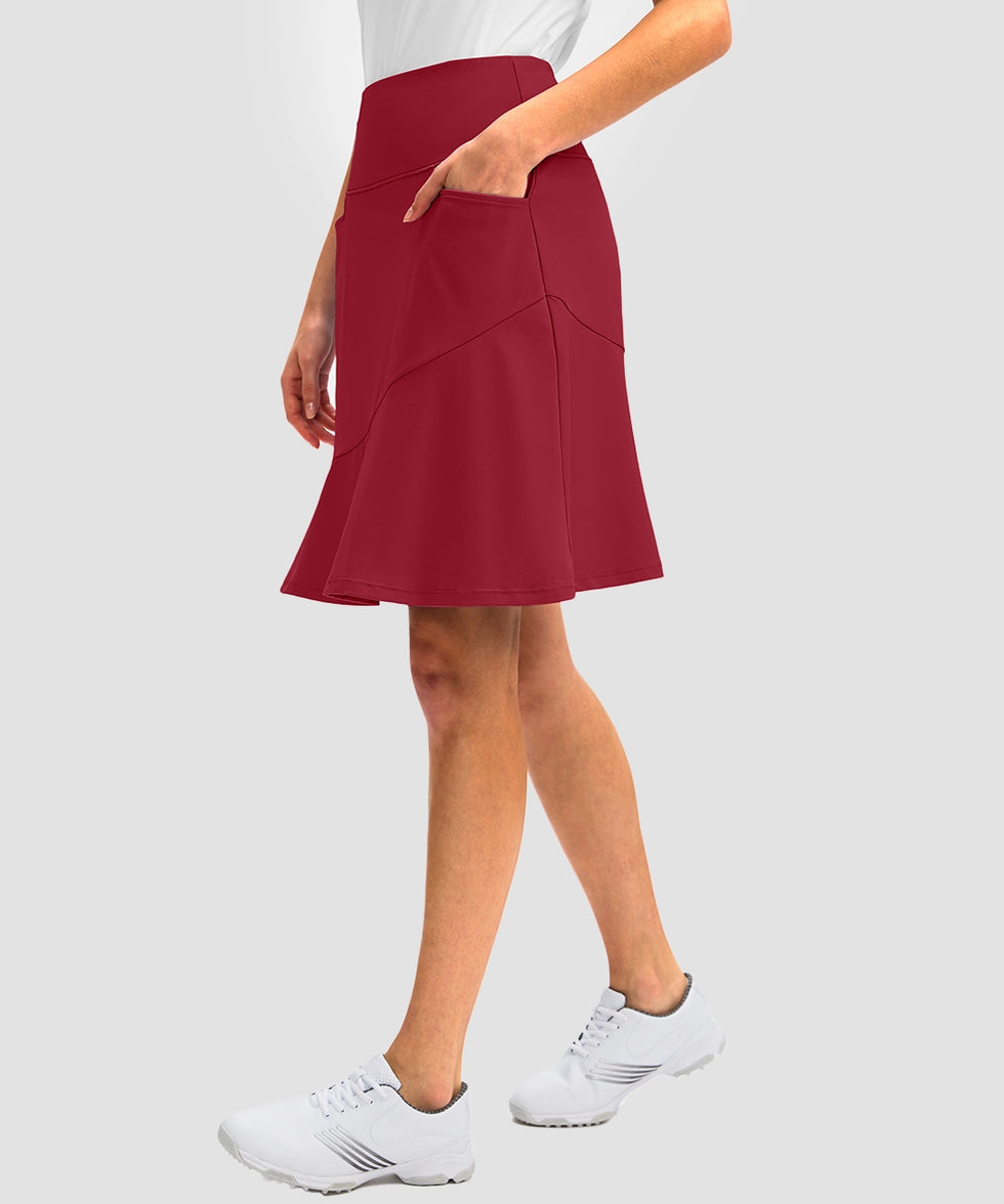 ruffle modest golf skort in dark red - pocket details view