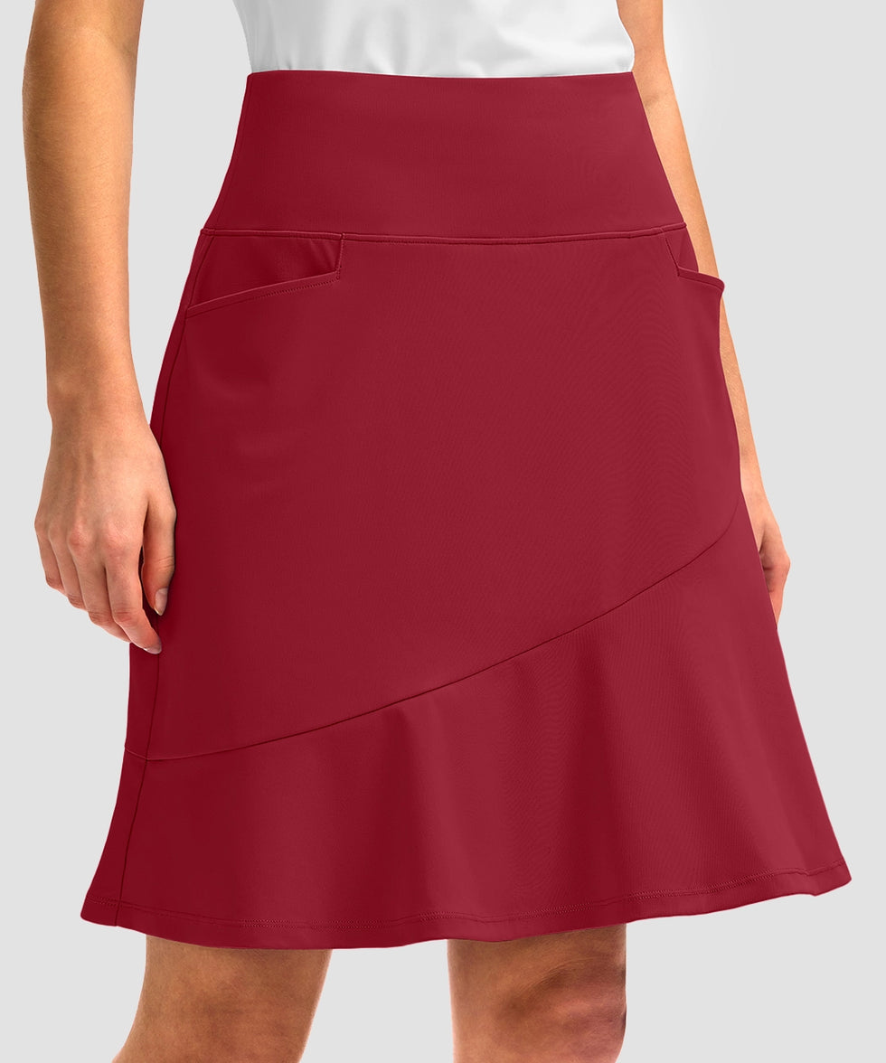 ruffle modest golf skort in dark red - side view