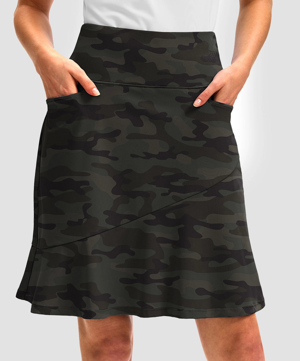 ruffle modest golf skort in green camo - pocket details view