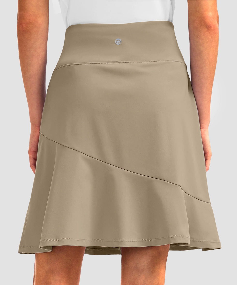 ruffle modest golf skort in light khaki - back view