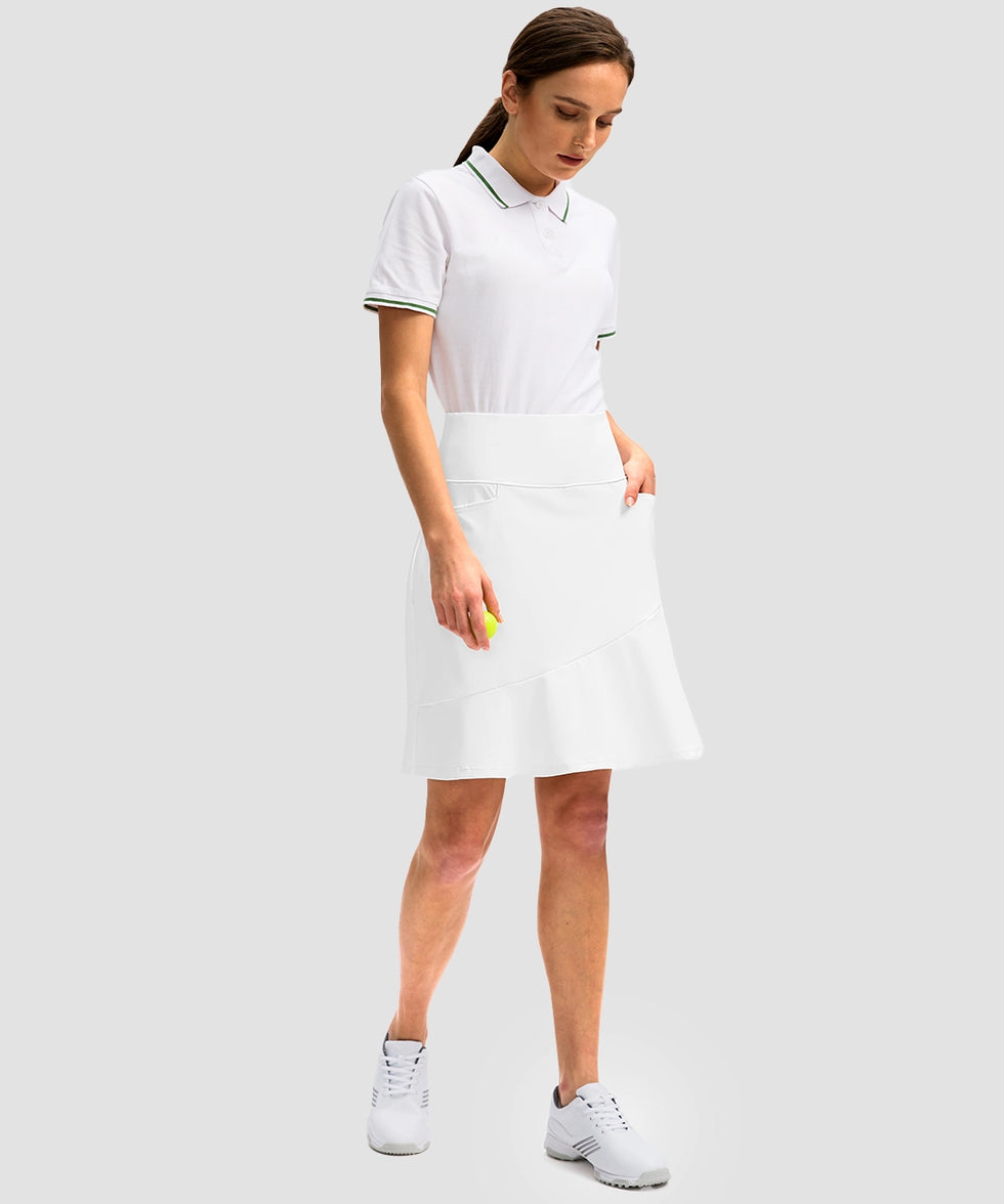 ruffle modest golf skort in white - side view