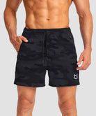 side slit zipper pocket short 5" in black camo - front view