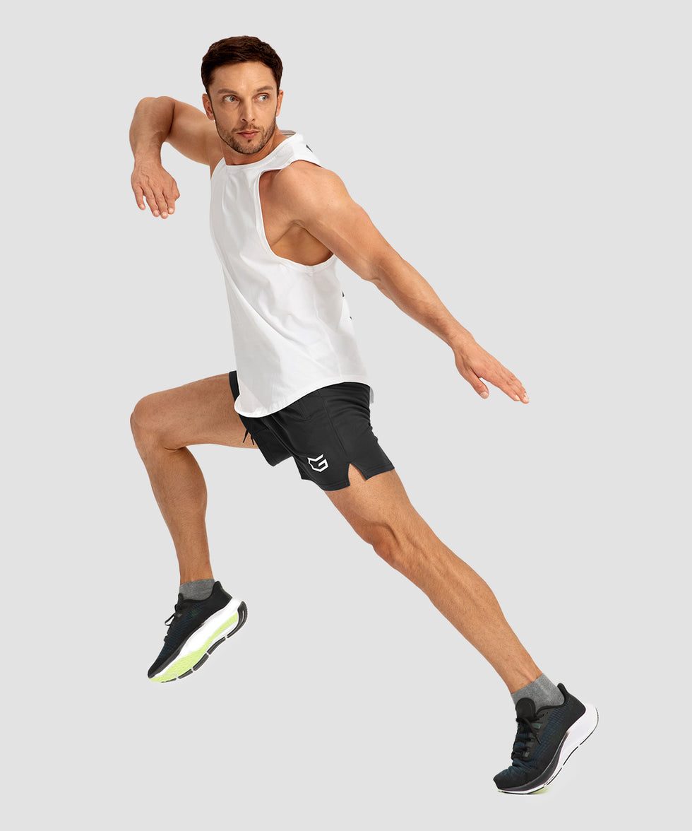 side slit zipper pocket short 5" in black - on model view