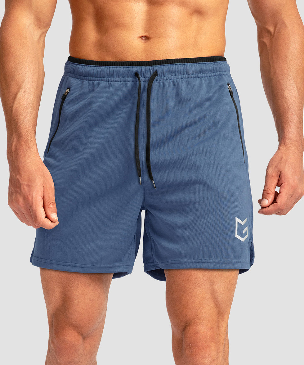 side slit zipper pocket short 5" in indigo blue - front view