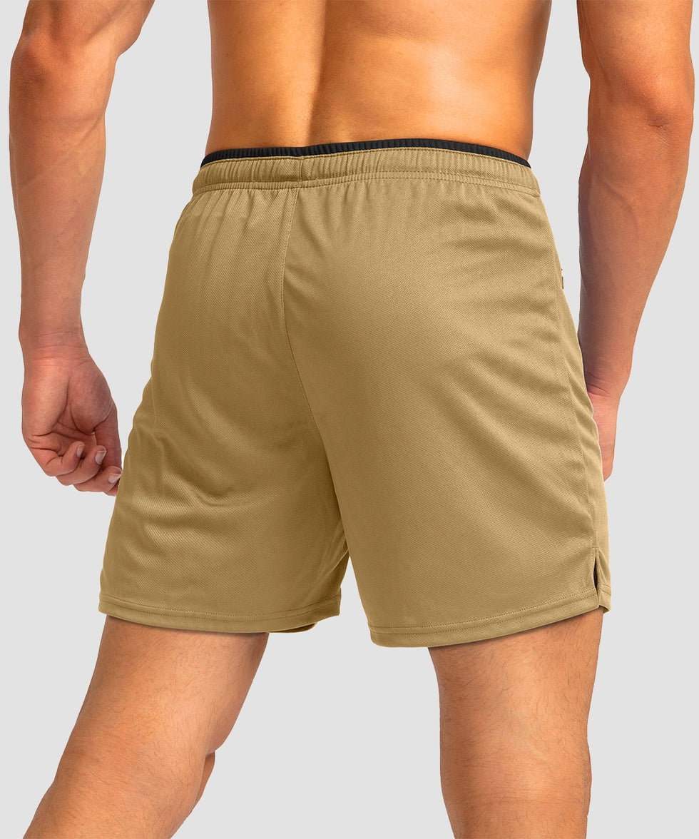 side slit zipper pocket short 5" in khaki - back view