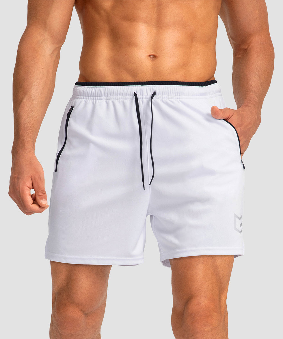 side slit zipper pocket short 5" in white - front view