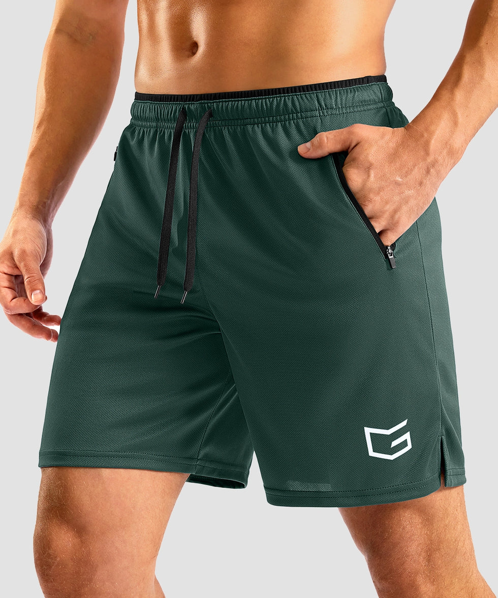 side slit zipper pocket short 7" in army green - pocket detail view