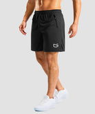 side slit zipper pocket short 7" in black - on model side view