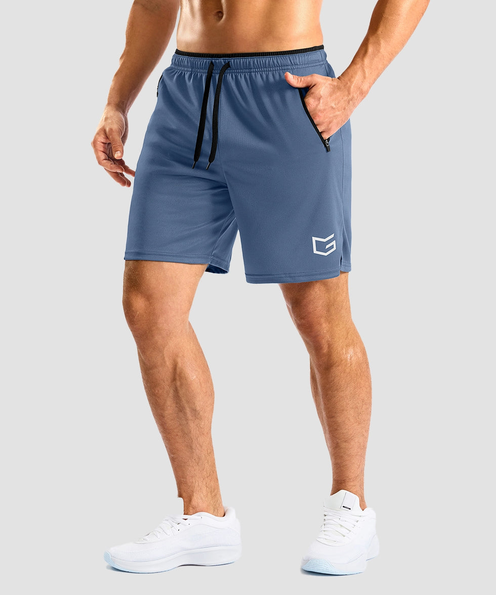 side slit zipper pocket short 7" in indigo blue - on model front view