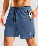 side slit zipper pocket short 7" in indigo blue - pocket detail view