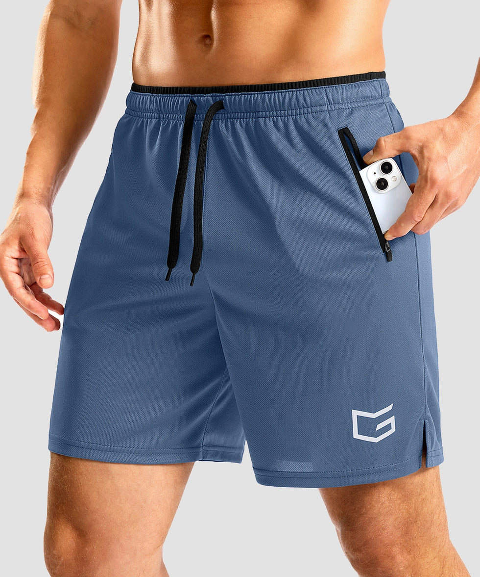 side slit zipper pocket short 7" in indigo blue - pocket detail view