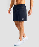 side slit zipper pocket short 7" in navy - on model side view