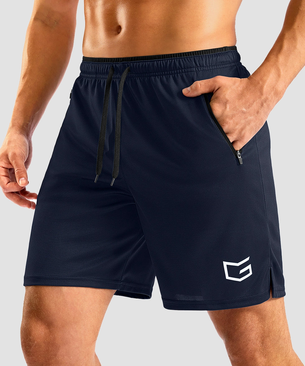 side slit zipper pocket short 7" in navy - pocket detail view