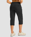 women's 3 zipper pockets hiking capri pants in black - back view