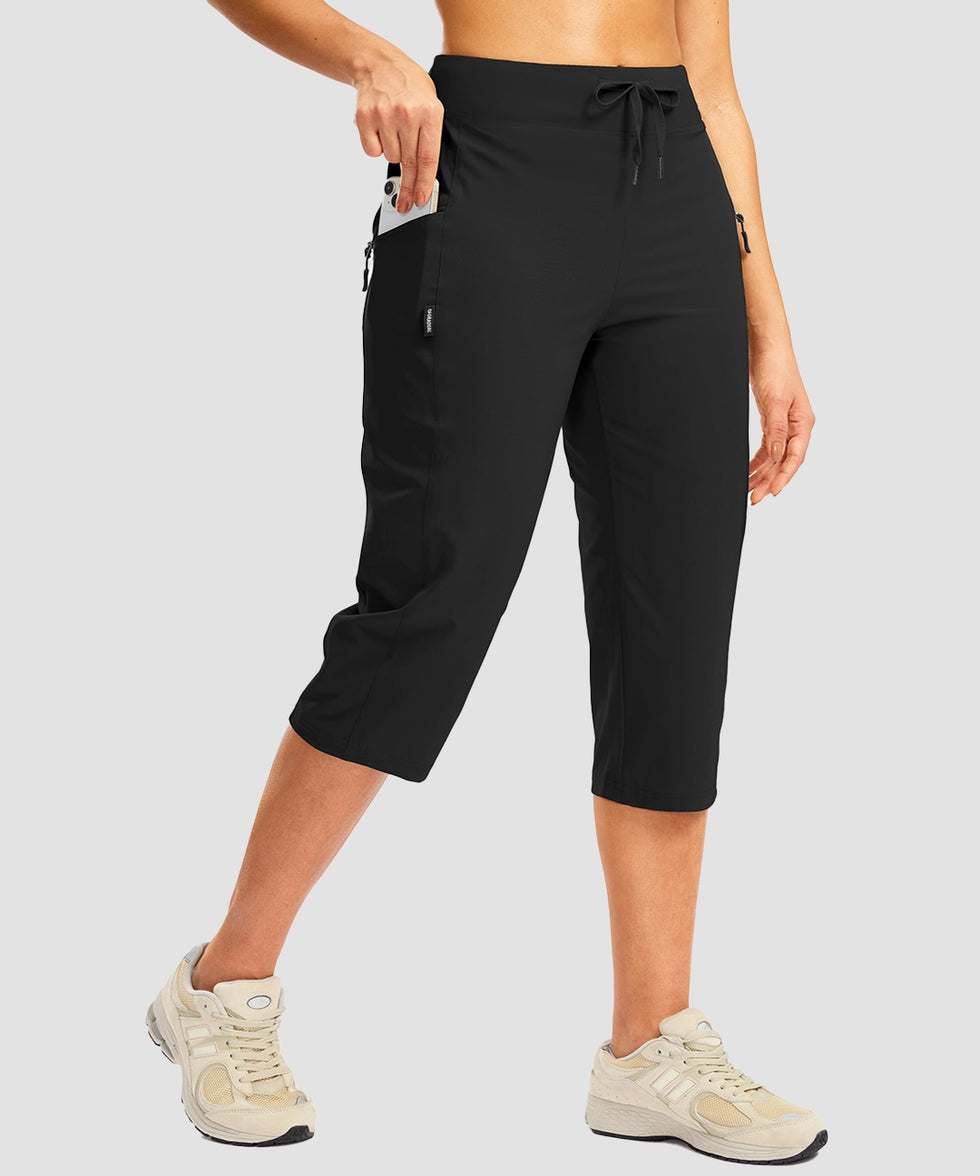 women's 3 zipper pockets hiking capri pants in black - pocket detail view