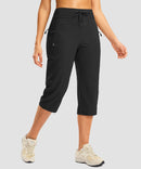 women's 3 zipper pockets hiking capri pants in black - side view