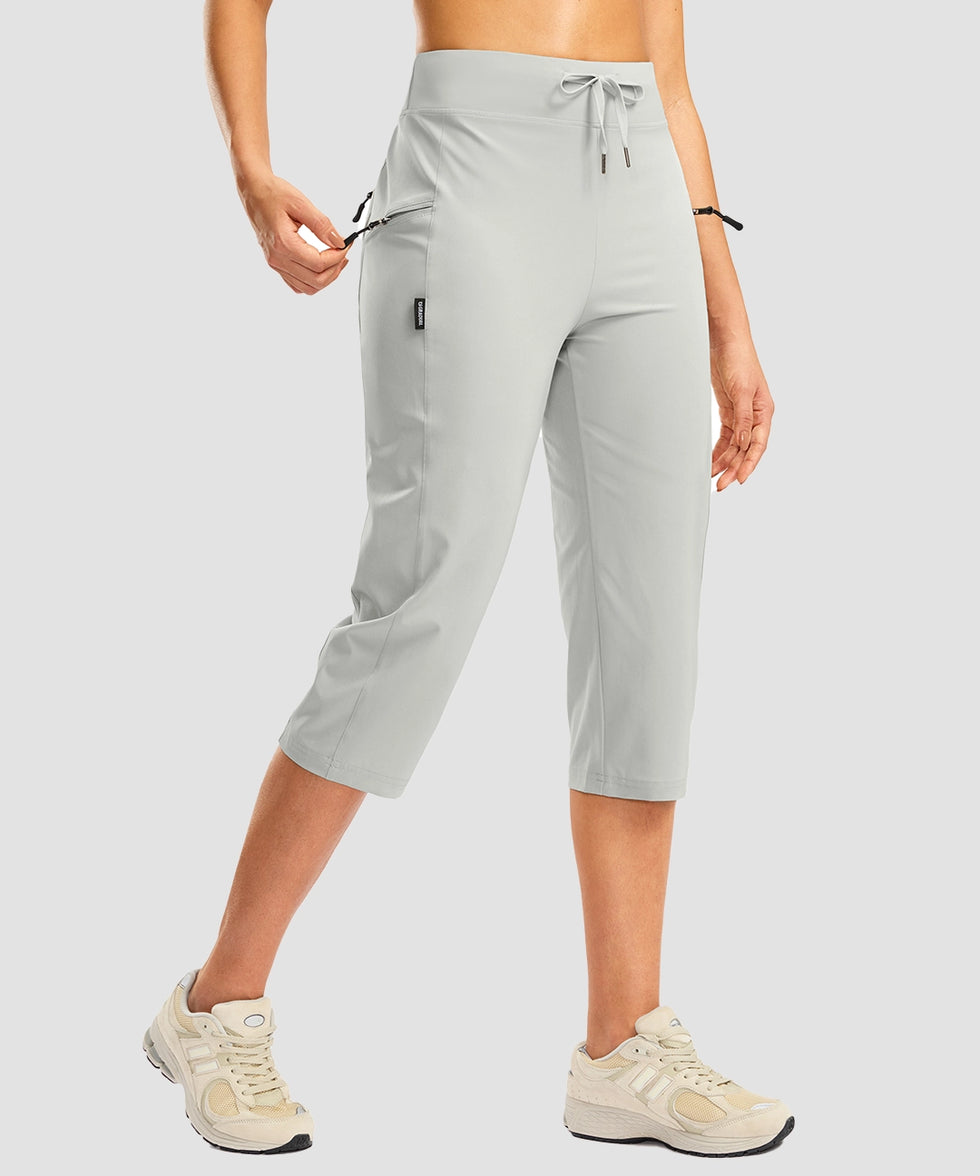 women's 3 zipper pockets hiking capri pants in bright gray - pocket detail view