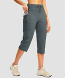 women's 3 zipper pockets hiking capri pants in dark gray - pocket detail view