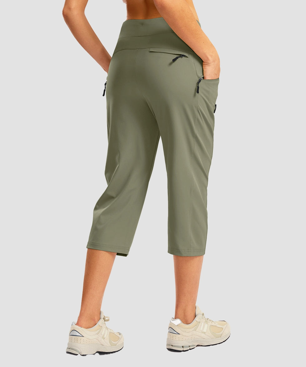 women's 3 zipper pockets hiking capri pants in gray sage - back view