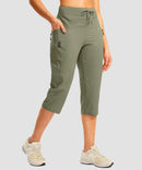 women's 3 zipper pockets hiking capri pants in gray sage - pocket detail view
