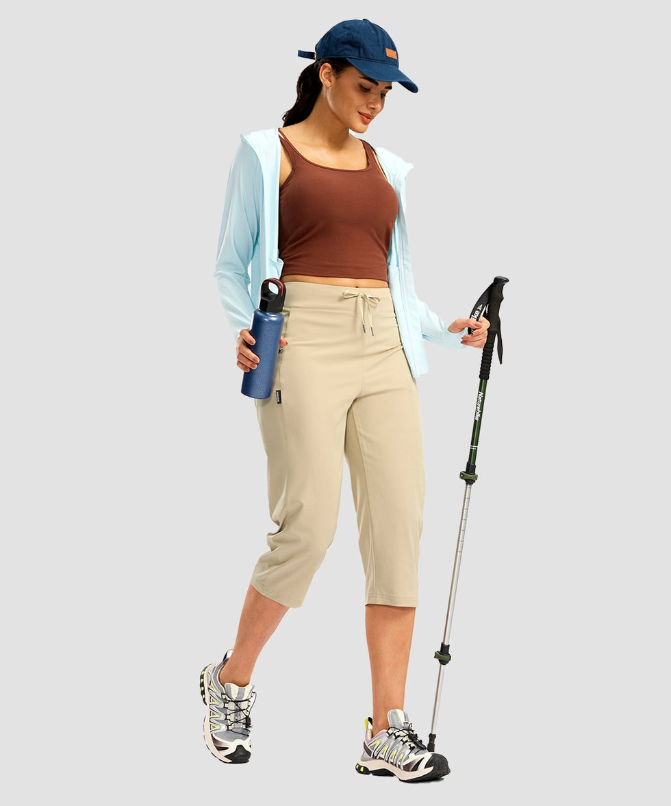 women's 3 zipper pockets hiking capri pants in light khaki - matching outfits view
