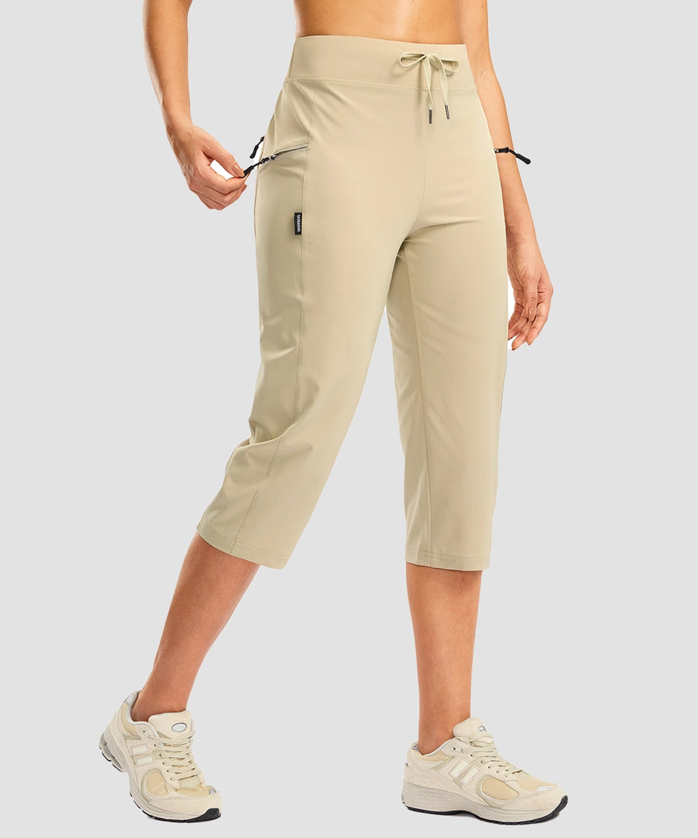 women's 3 zipper pockets hiking capri pants in light khaki - pocket detail view