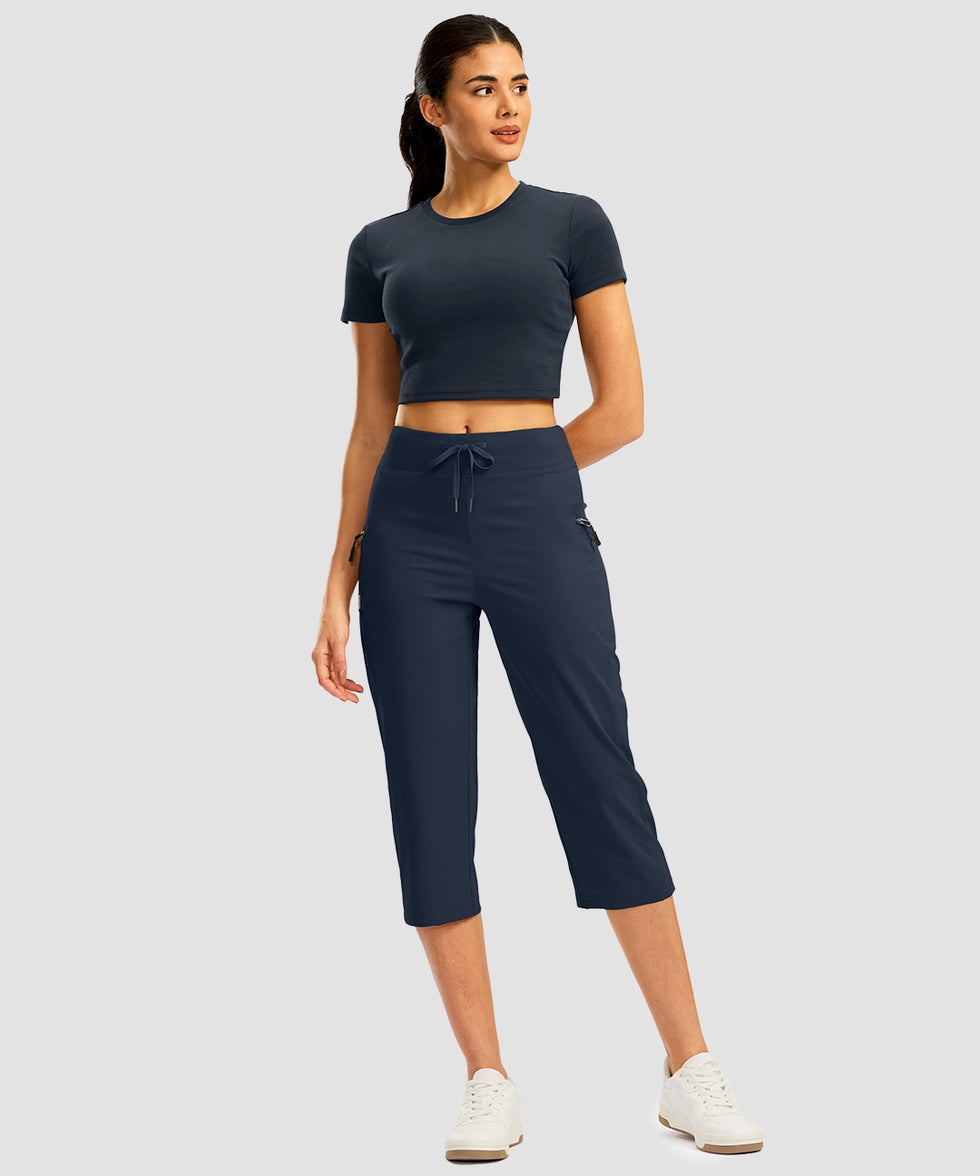 women's 3 zipper pockets hiking capri pants in navy - matching outfits view