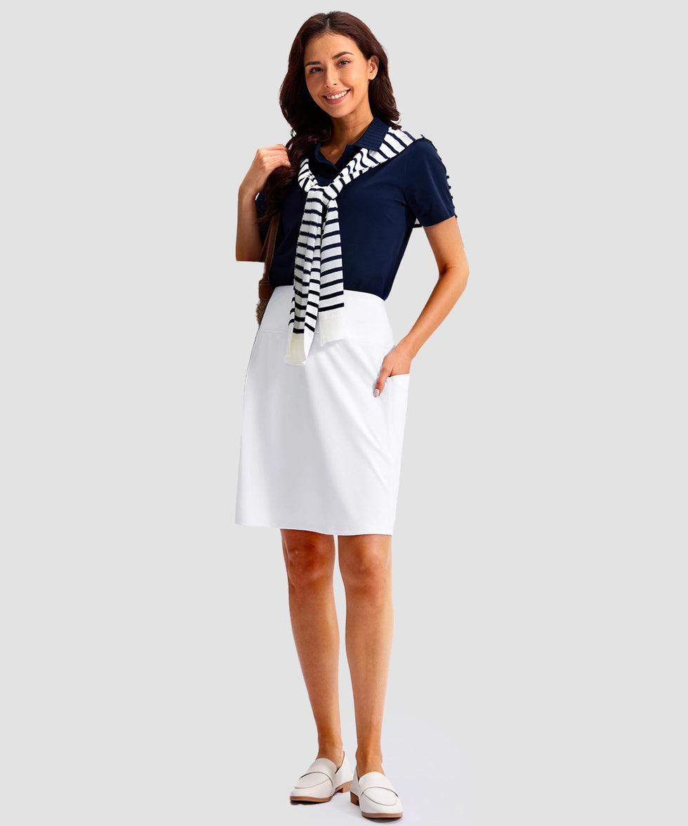women's 4 pockets knee length golf skort in white - front view