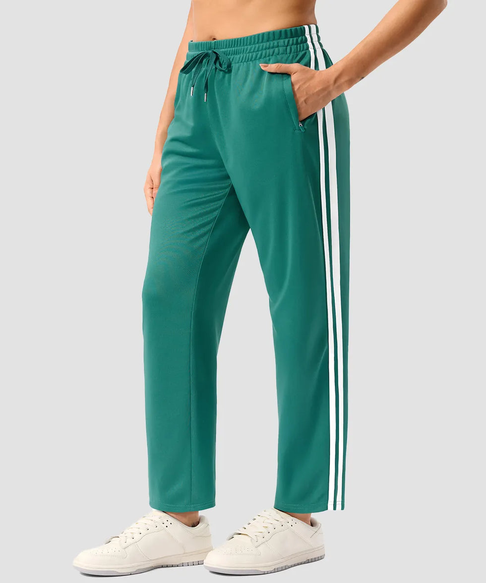 women's contrast stripe zip pockets track pants 28'' in forest green - pocket detail