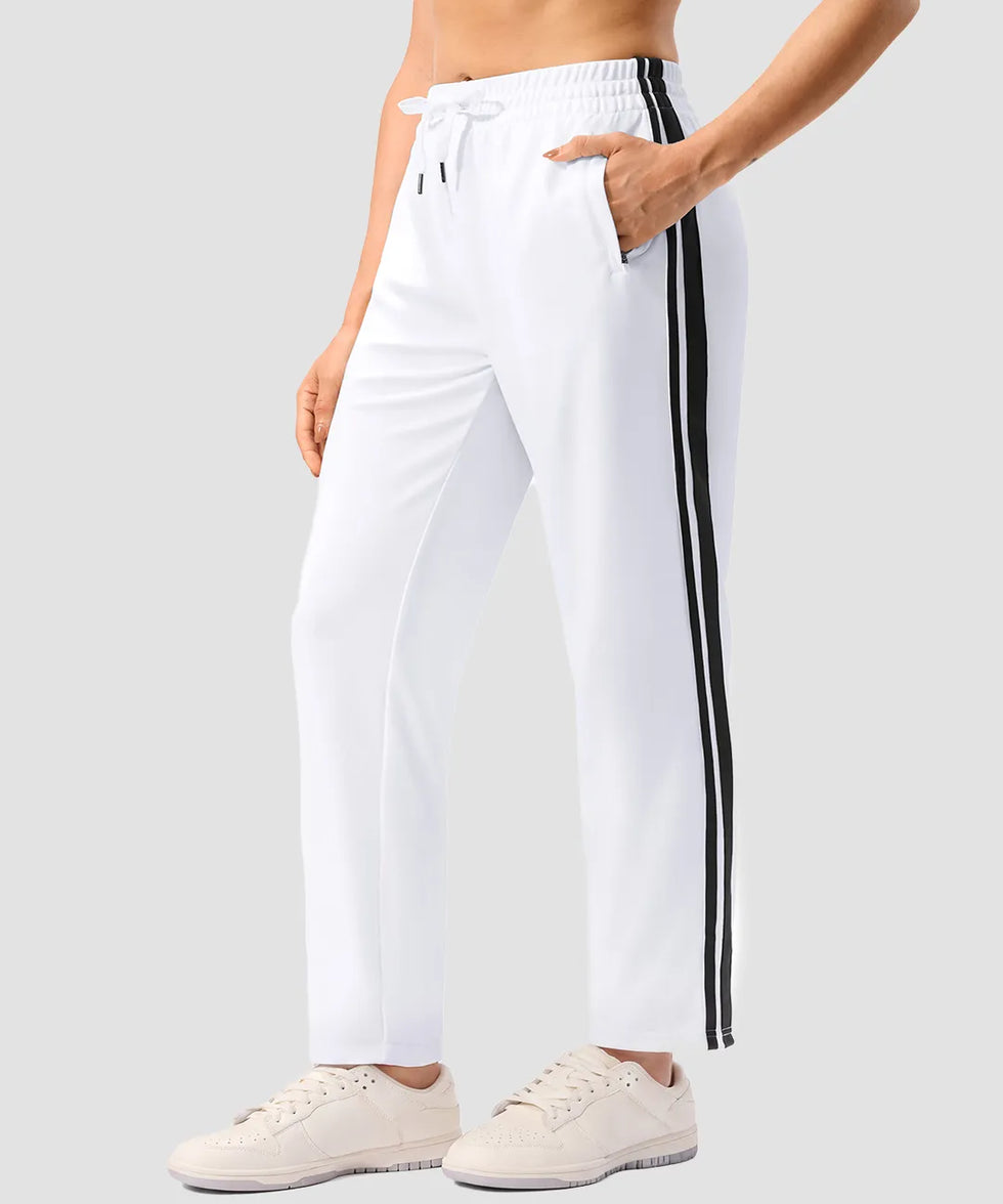 women's contrast stripe zip pockets track pants 28'' in white - pocket detail