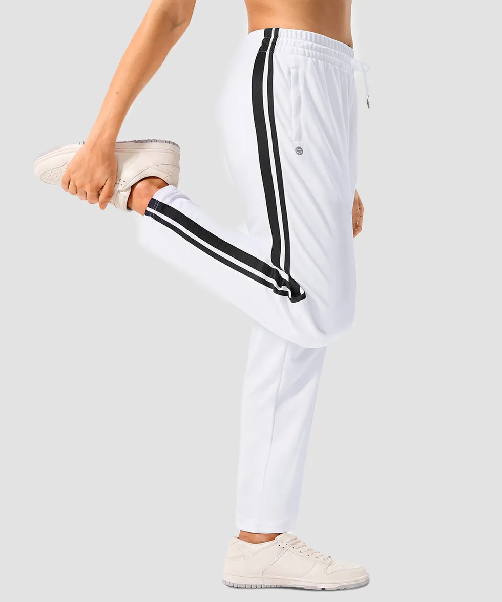 women's contrast stripe zip pockets track pants 28'' in white - side view