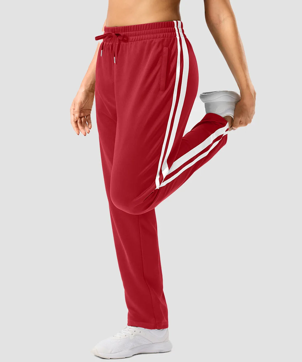 women's contrast stripe zip pockets track pants 30''/32'' in dark red - side view