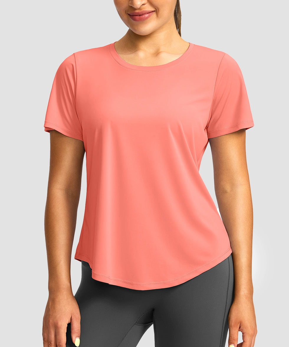 women's crew neck curved-hem sun tee in coral - front view