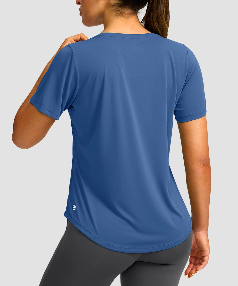 women's crew neck curved-hem sun tee in indigo blue - back view