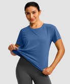 women's crew neck curved-hem sun tee in indigo blue - fabric detail view