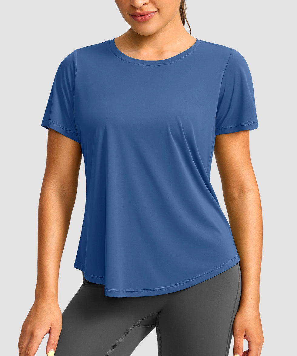 women's crew neck curved-hem sun tee in indigo blue - front view