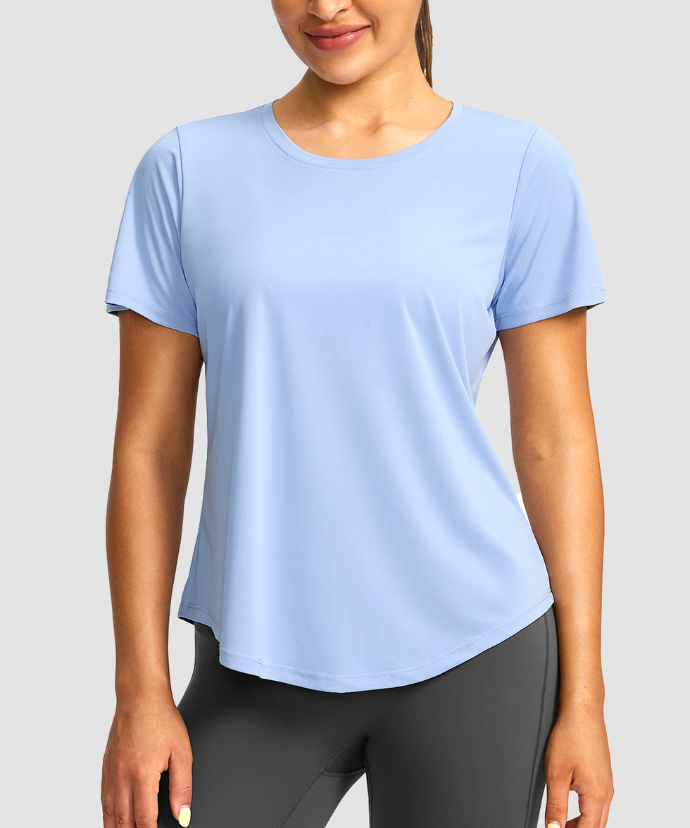 women's crew neck curved-hem sun tee in light blue - front view