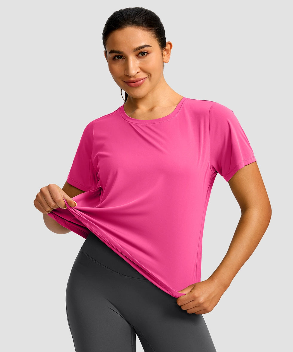 women's crew neck curved-hem sun tee in rosy - fabric detail view