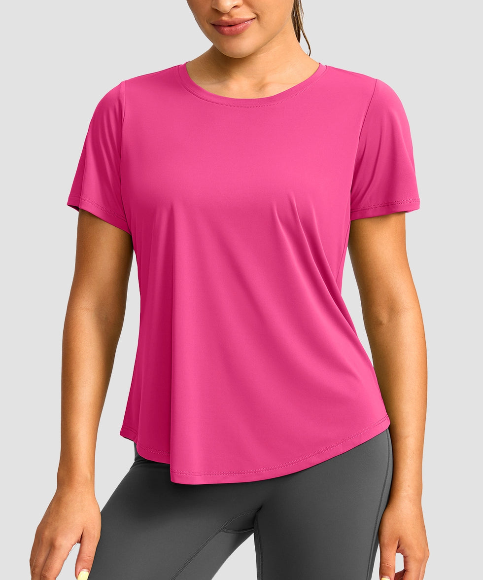 women's crew neck curved-hem sun tee in rosy - front view